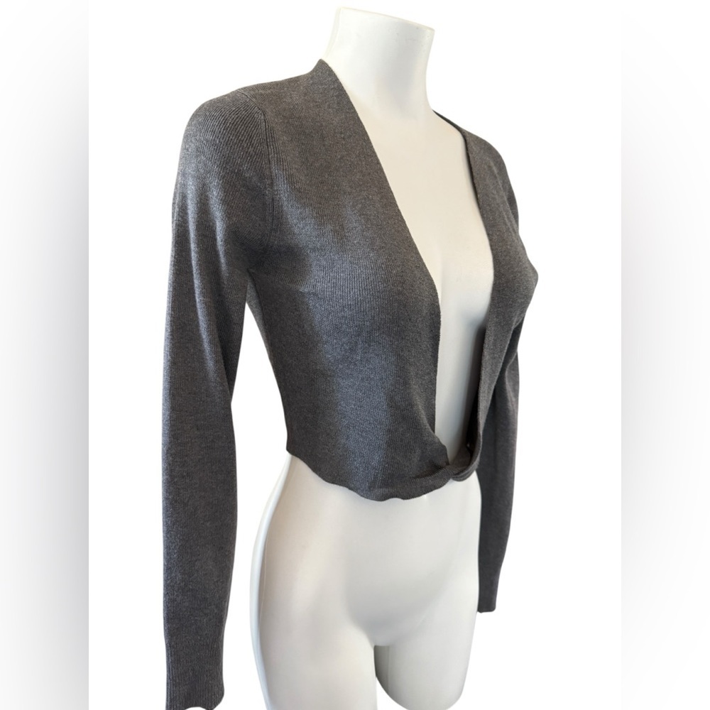 Oak +Fort Gray Open Front Wrap Cardigan Sweater, cropped, Grey, Sz XS - Picture 2 of 9